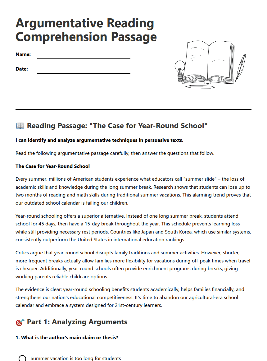 Argumentative Reading Comprehension Passage worksheet preview