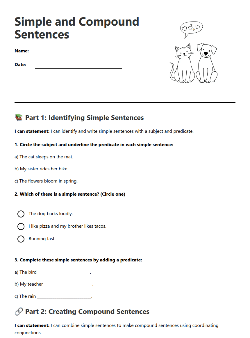 Simple and Compound Sentences worksheet preview