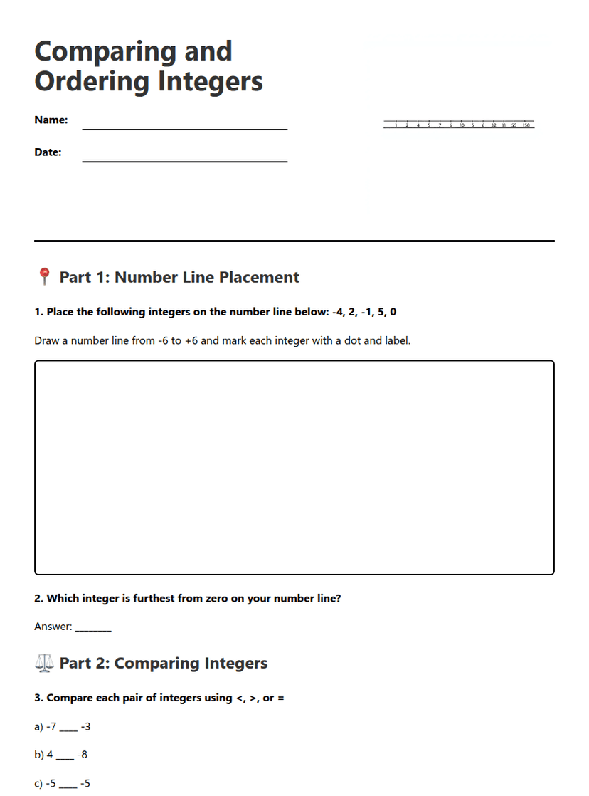 Comparing and Ordering Integers
