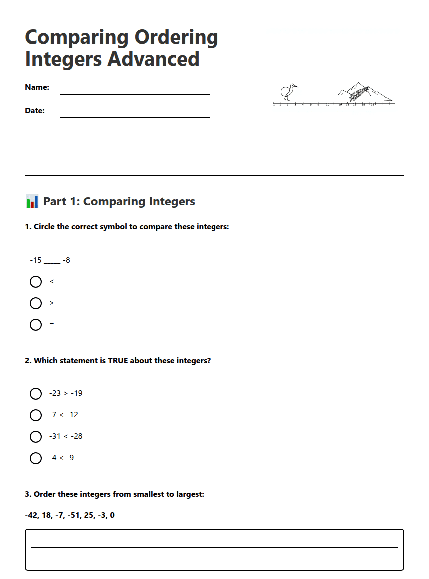 Comparing Ordering Integers Advanced worksheet preview