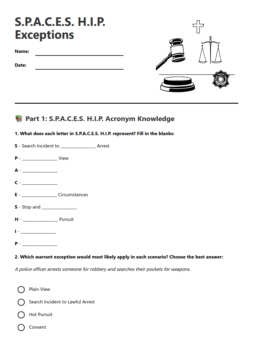 S.P.A.C.E.S. H.I.P. Exceptions worksheet preview