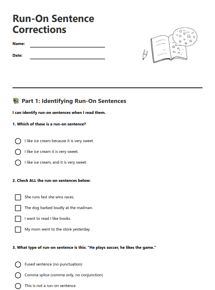 Run-On Sentence Corrections worksheet preview