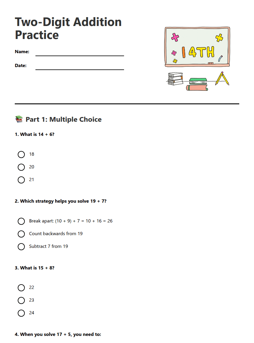Two-Digit Addition Practice worksheet preview