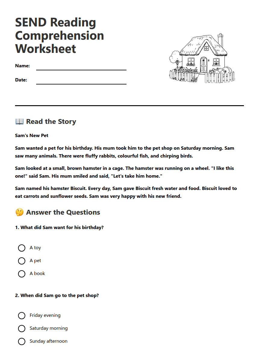 SEND Reading Comprehension Worksheet worksheet preview