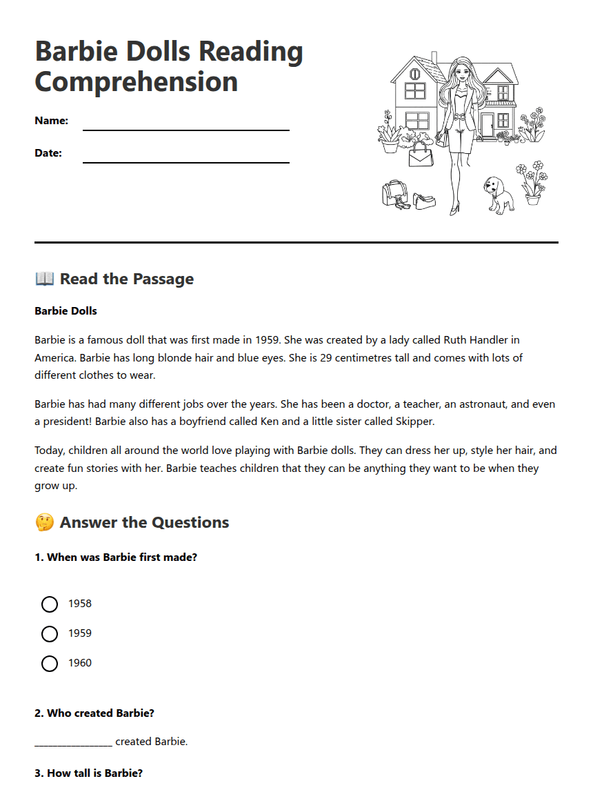 Barbie Dolls Reading Comprehension worksheet preview