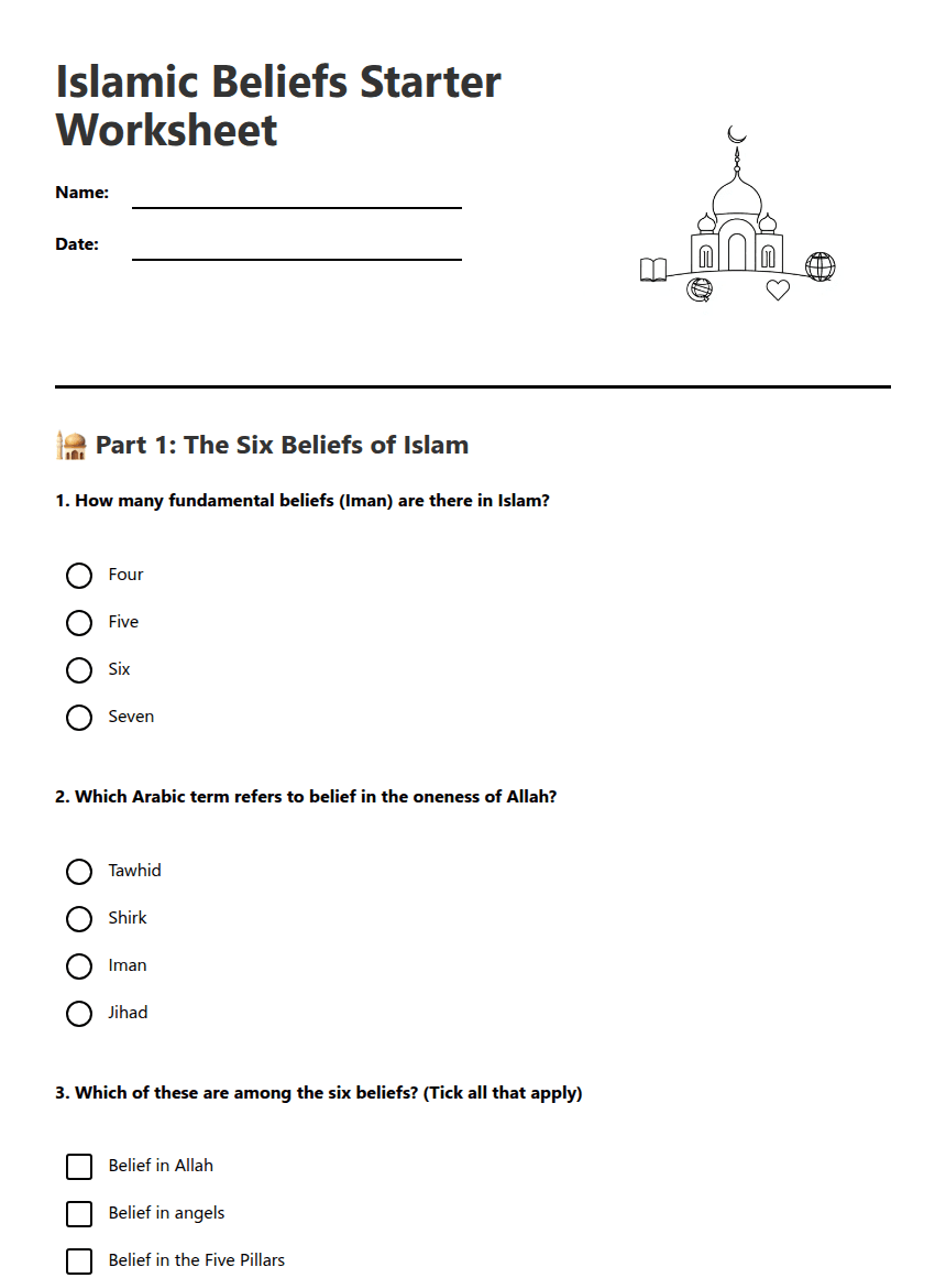 Islamic Beliefs Starter Worksheet worksheet preview
