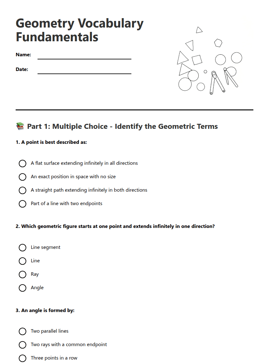 Geometry Vocabulary Fundamentals worksheet preview