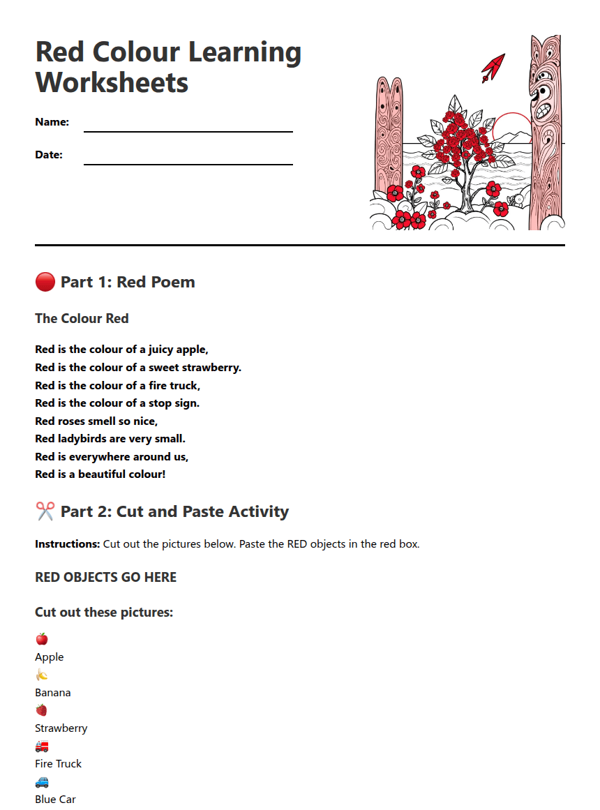 Red Colour Learning Worksheets worksheet preview