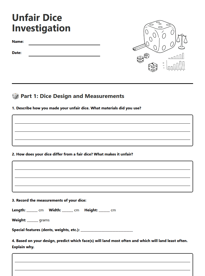 Unfair Dice Investigation worksheet preview