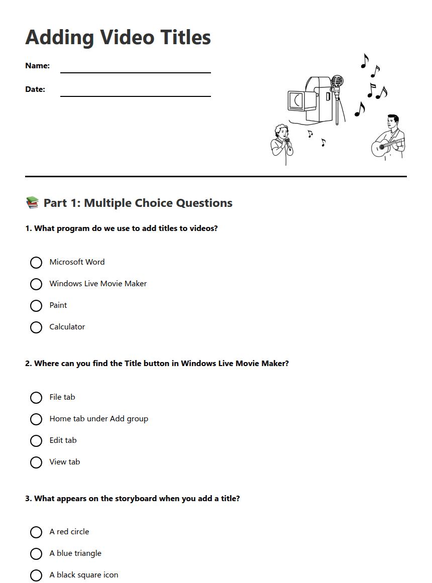Adding Video Titles worksheet preview