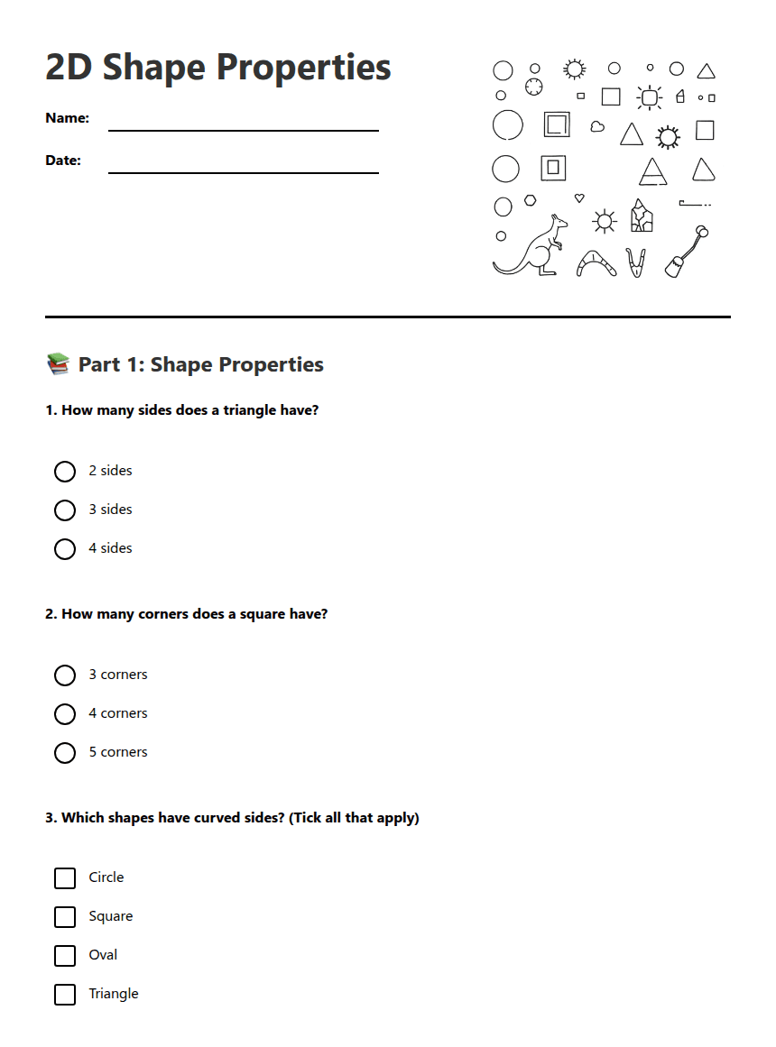 2D Shape Properties worksheet preview