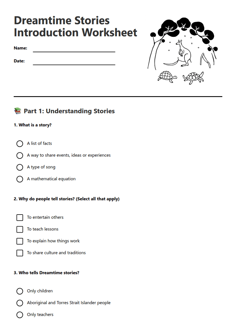 Dreamtime Stories Introduction Worksheet
