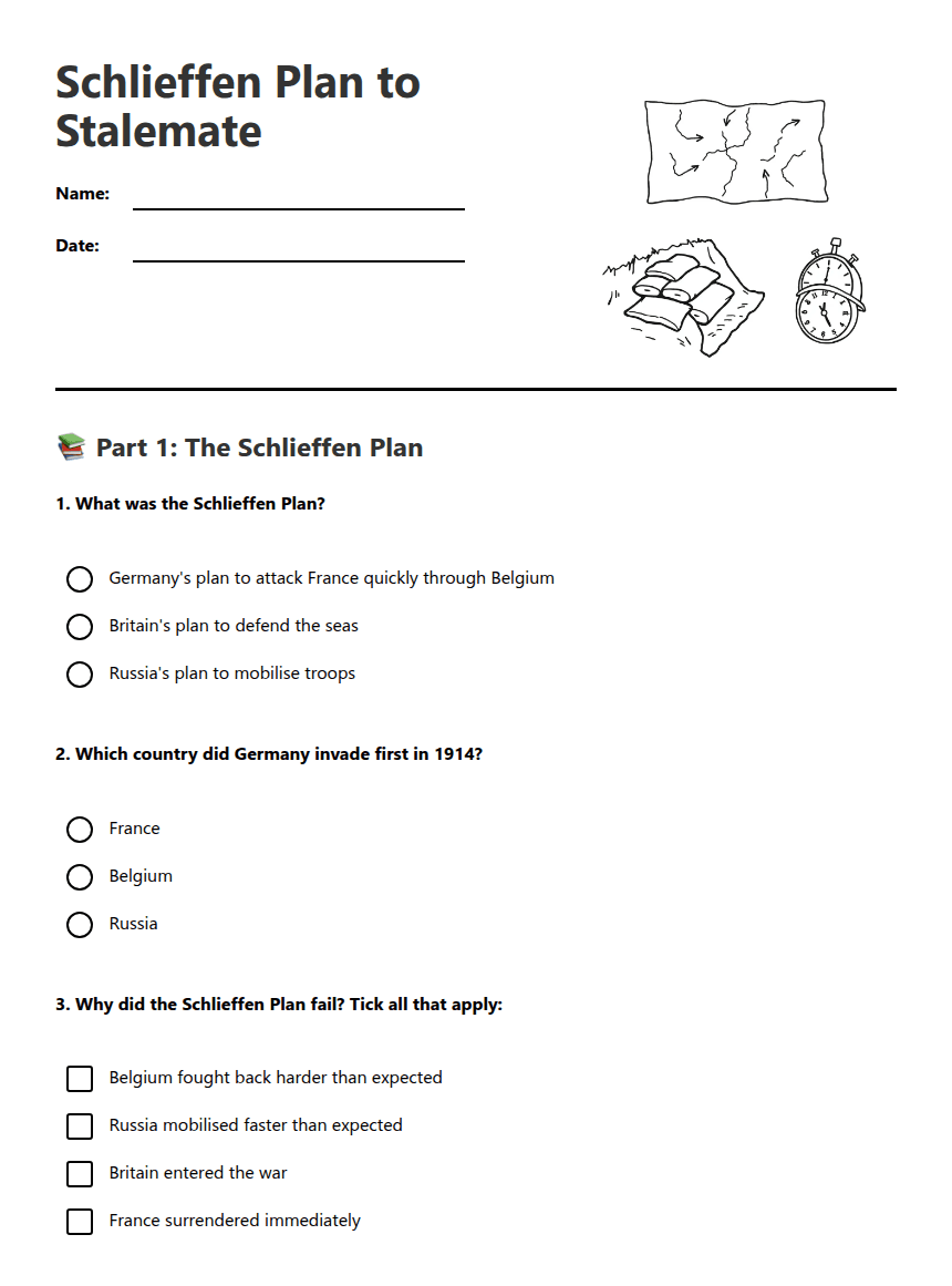 Schlieffen Plan to Stalemate worksheet preview