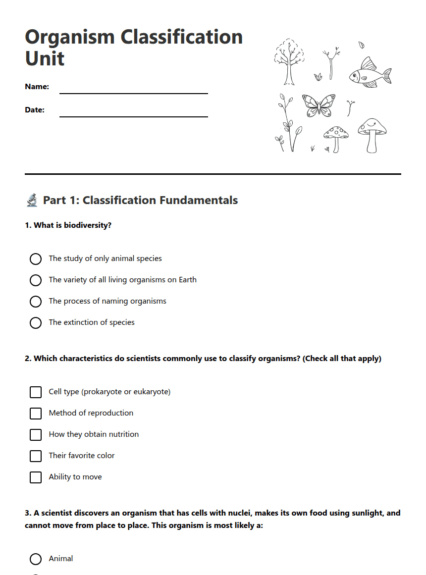 Organism Classification Unit worksheet preview