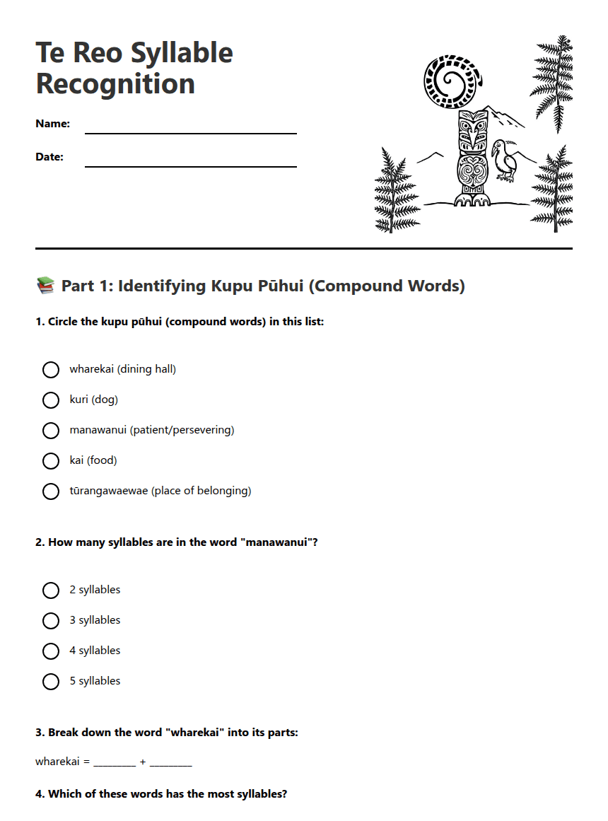 Te Reo Syllable Recognition worksheet preview