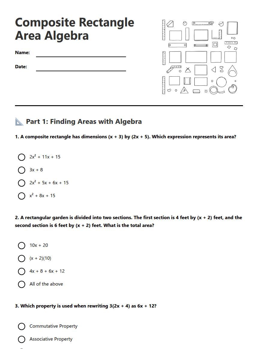 Composite Rectangle Area Algebra worksheet preview