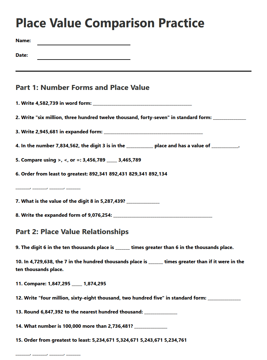 Place Value Comparison Practice worksheet preview
