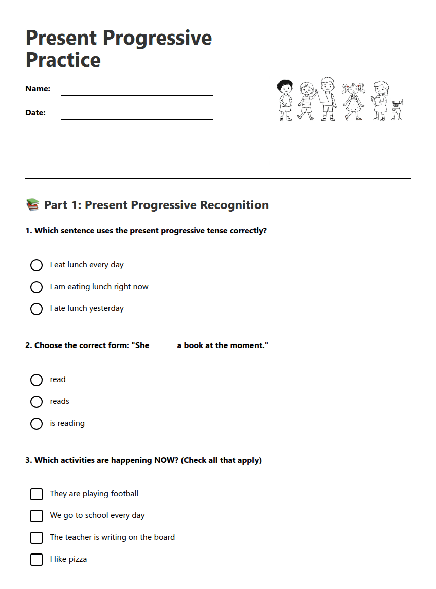 Present Progressive Practice worksheet preview