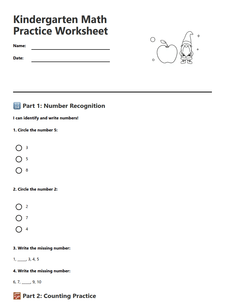 Kindergarten Math Practice Worksheet worksheet preview