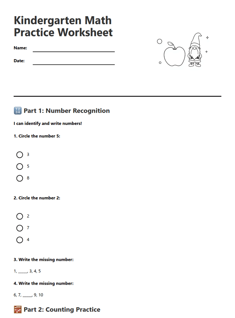 Kindergarten Math Practice Worksheet