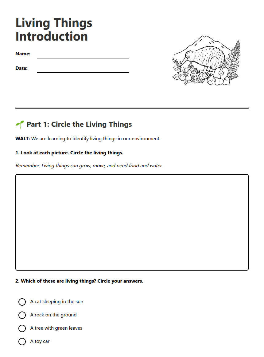 Living Things Introduction worksheet preview