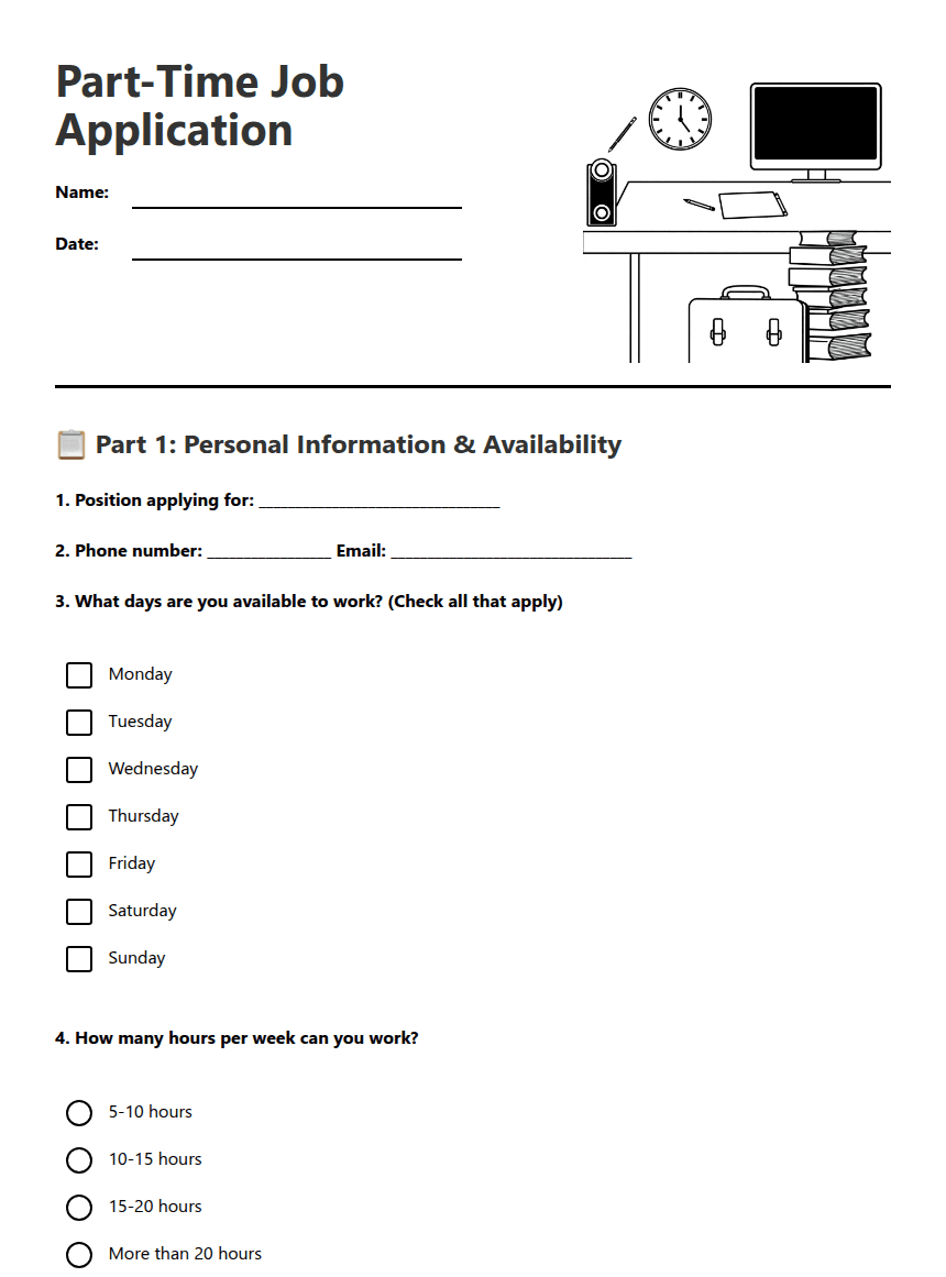 Part-Time Job Application worksheet preview