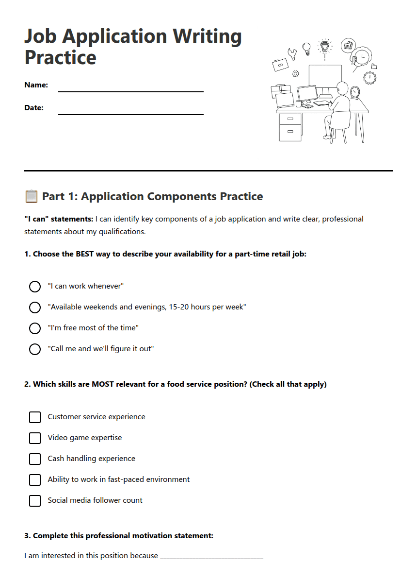 Job Application Writing Practice worksheet preview