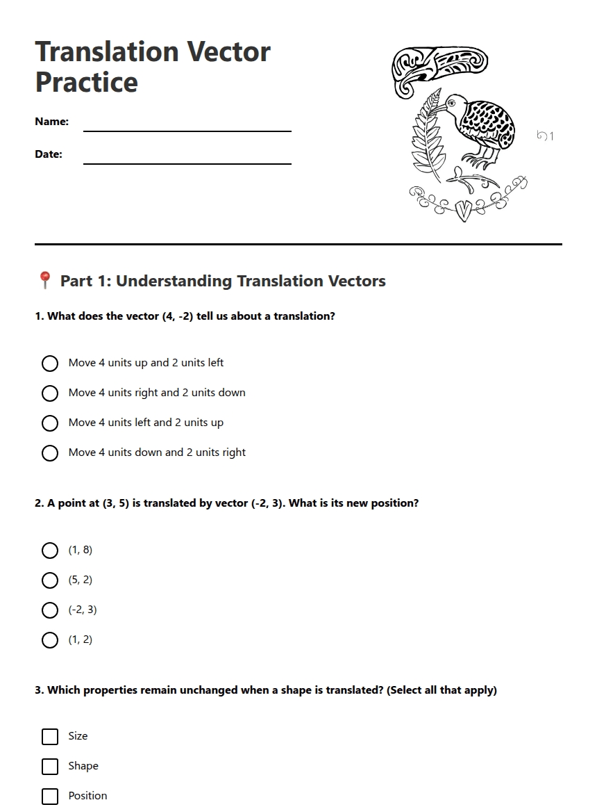 Translation Vector Practice worksheet preview