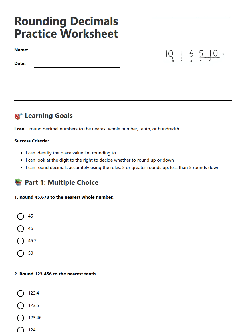 Rounding Decimals Practice Worksheet worksheet preview
