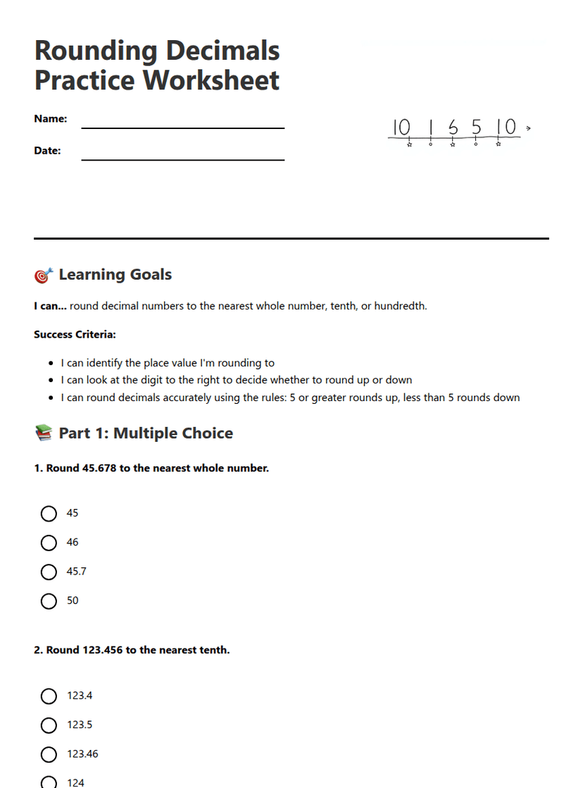 Rounding Decimals Practice Worksheet