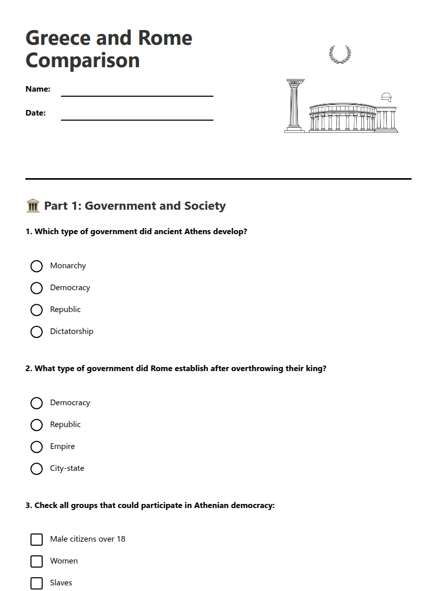 Greece and Rome Comparison worksheet preview