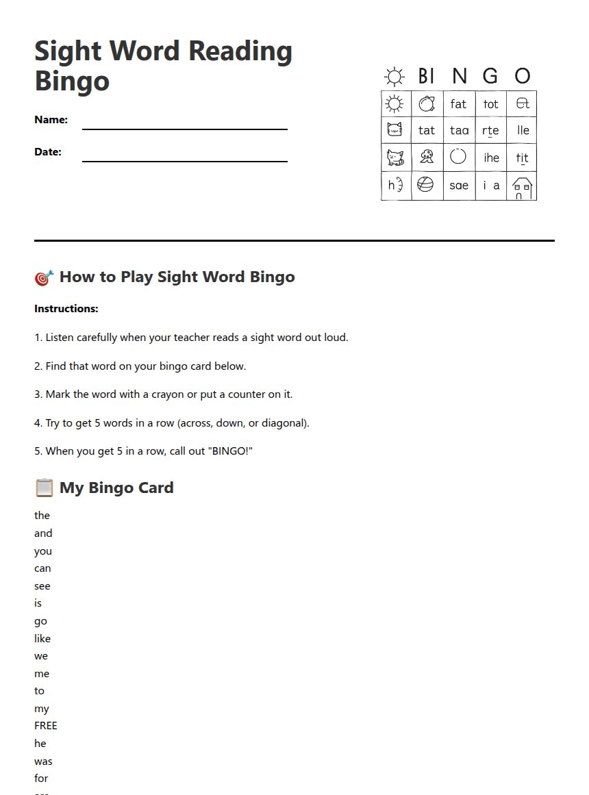 Sight Word Reading Bingo worksheet preview