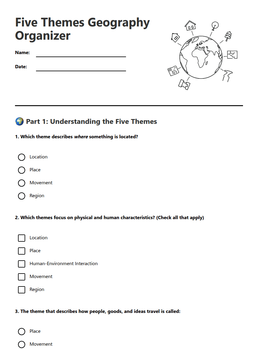 Five Themes Geography Organizer worksheet preview