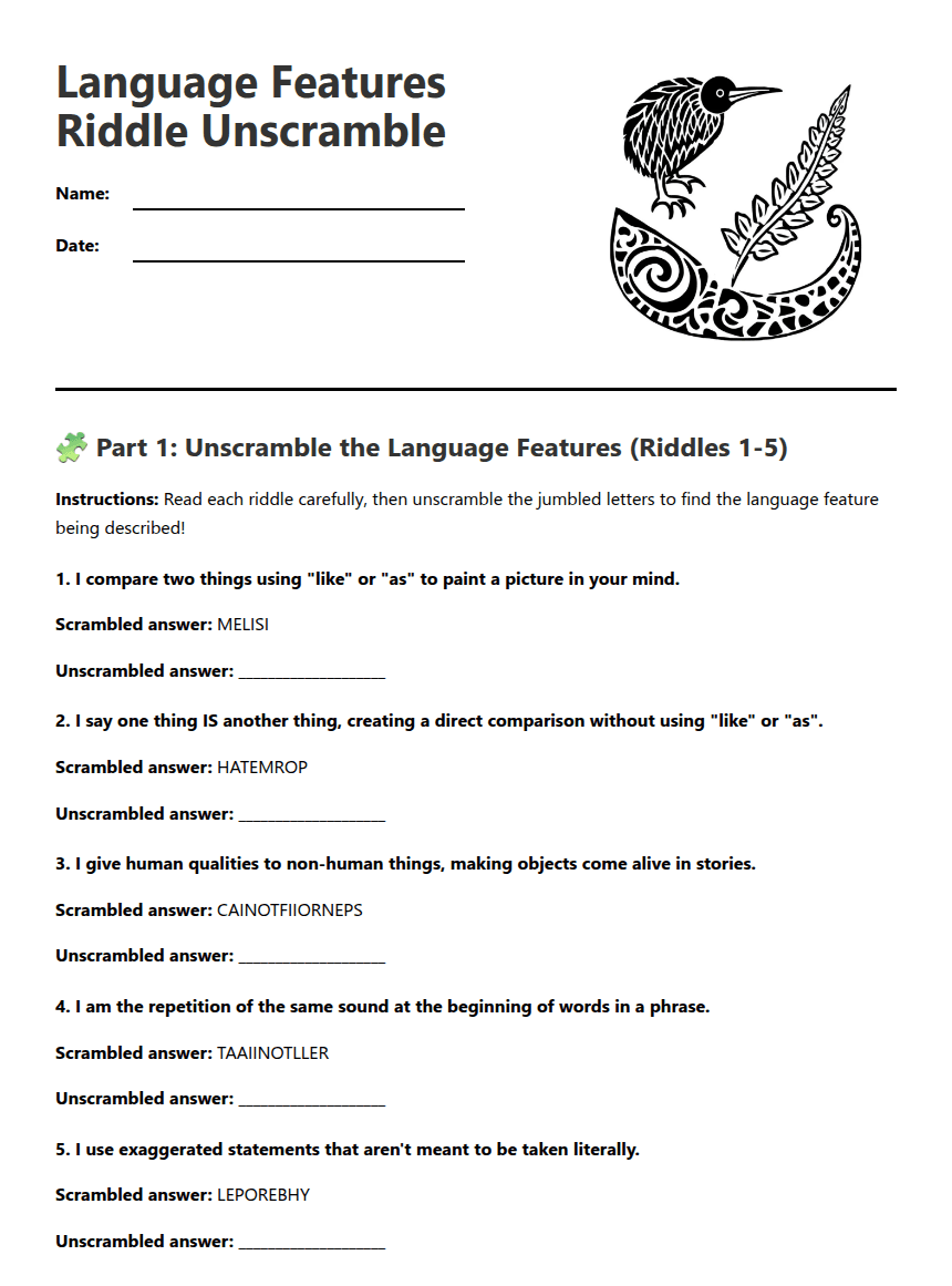 Language Features Riddle Unscramble worksheet preview