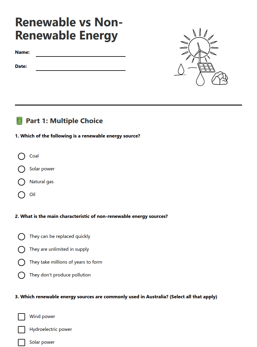 Renewable vs Non-Renewable Energy worksheet preview