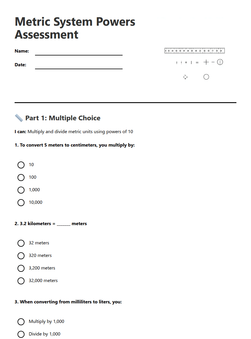 Metric System Powers Assessment worksheet preview