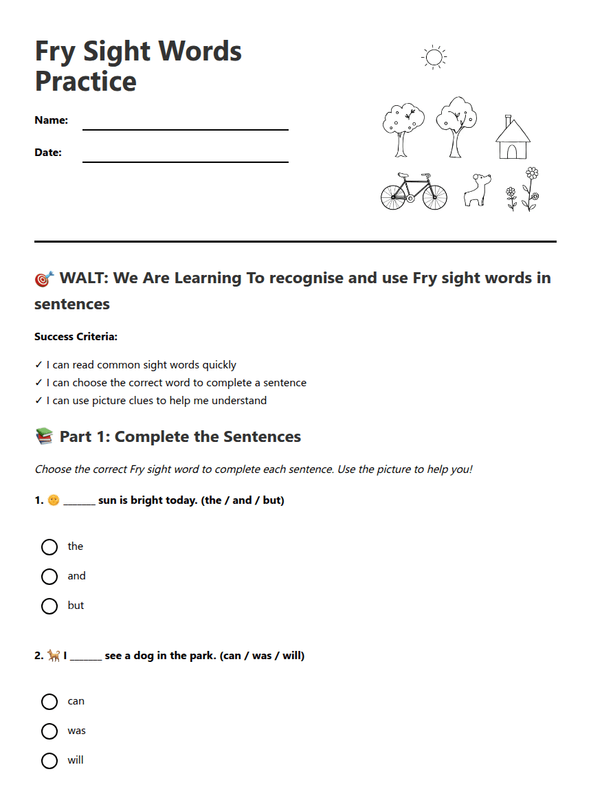 Fry Sight Words Practice worksheet preview