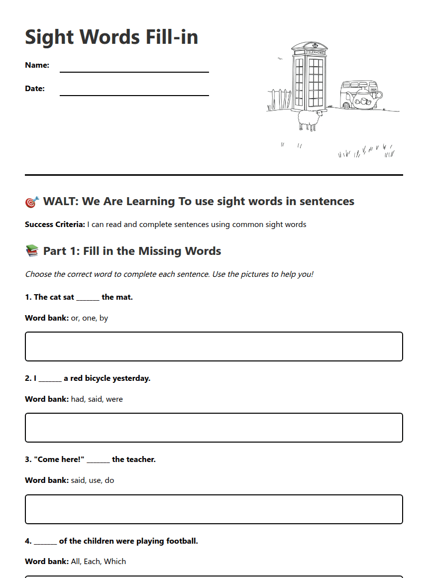 Sight Words Fill-in worksheet preview