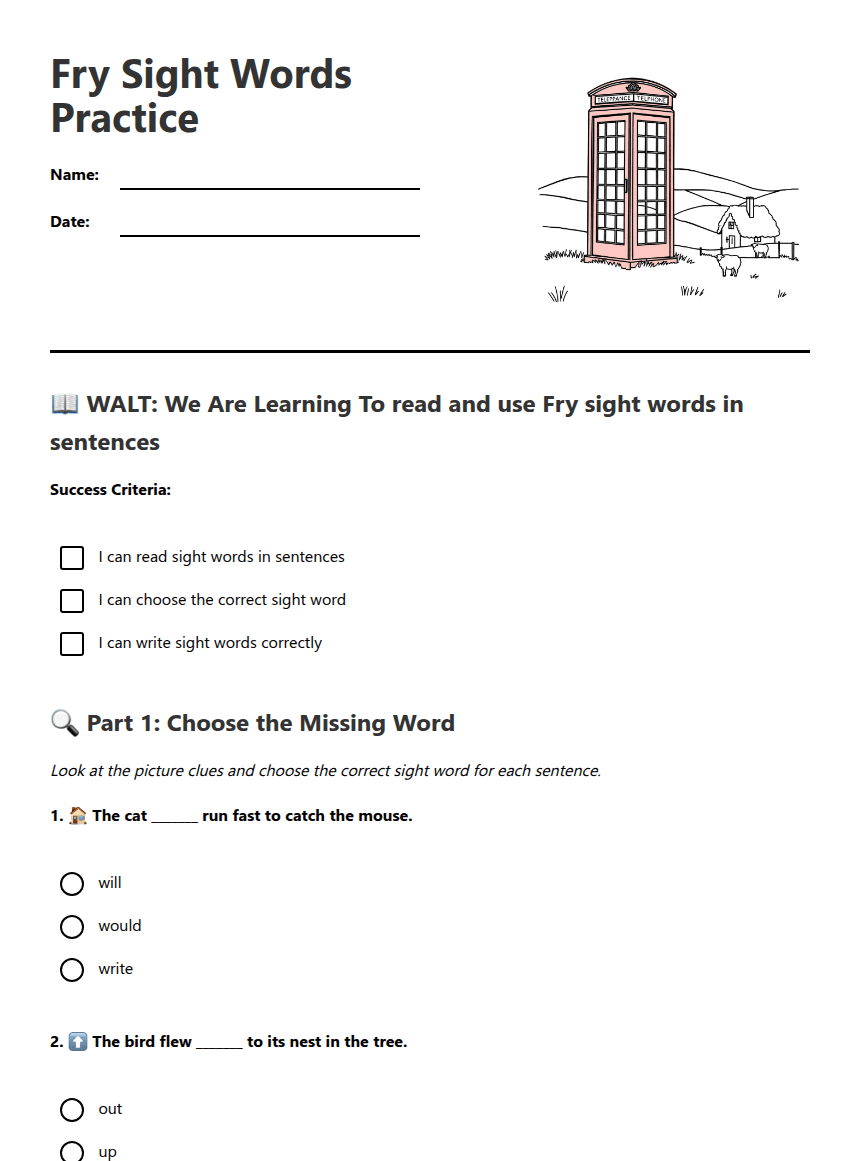 Fry Sight Words Practice worksheet preview