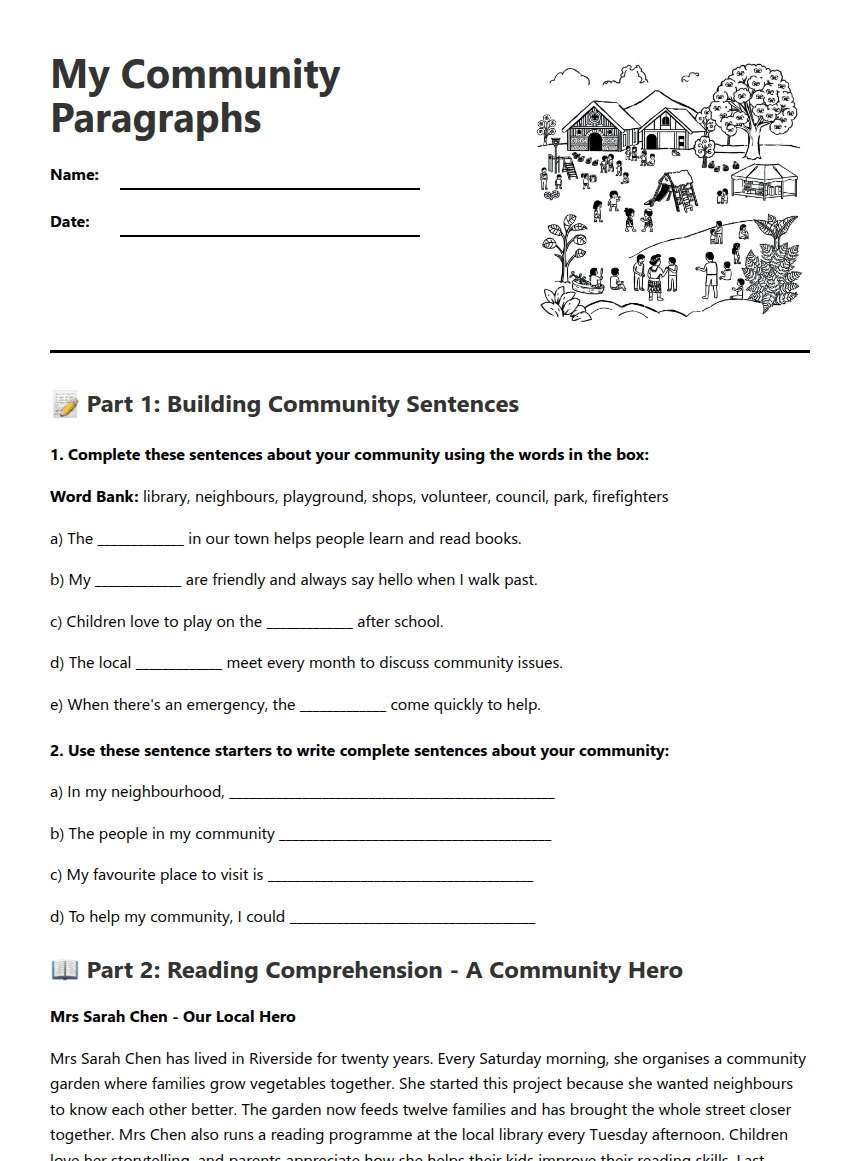 My Community Paragraphs worksheet preview