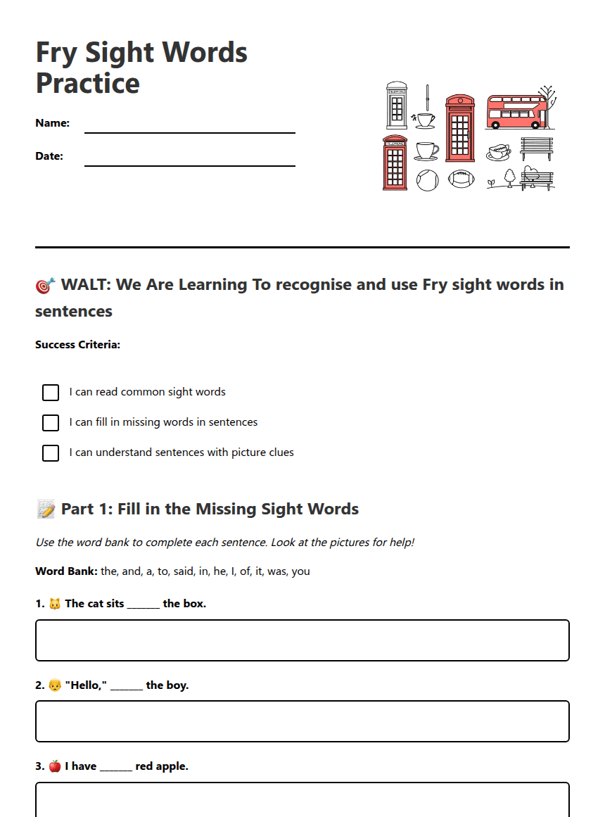 Fry Sight Words Practice worksheet preview