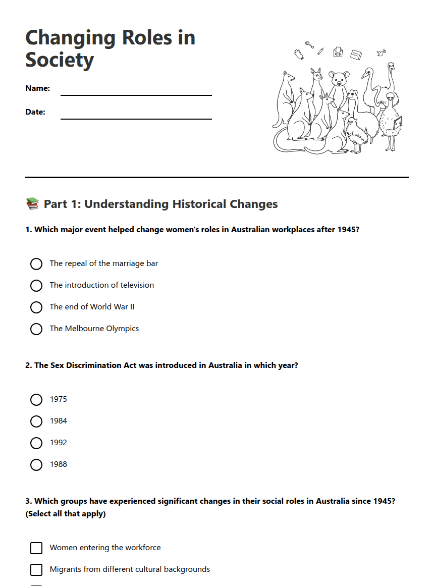 Changing Roles in Society worksheet preview