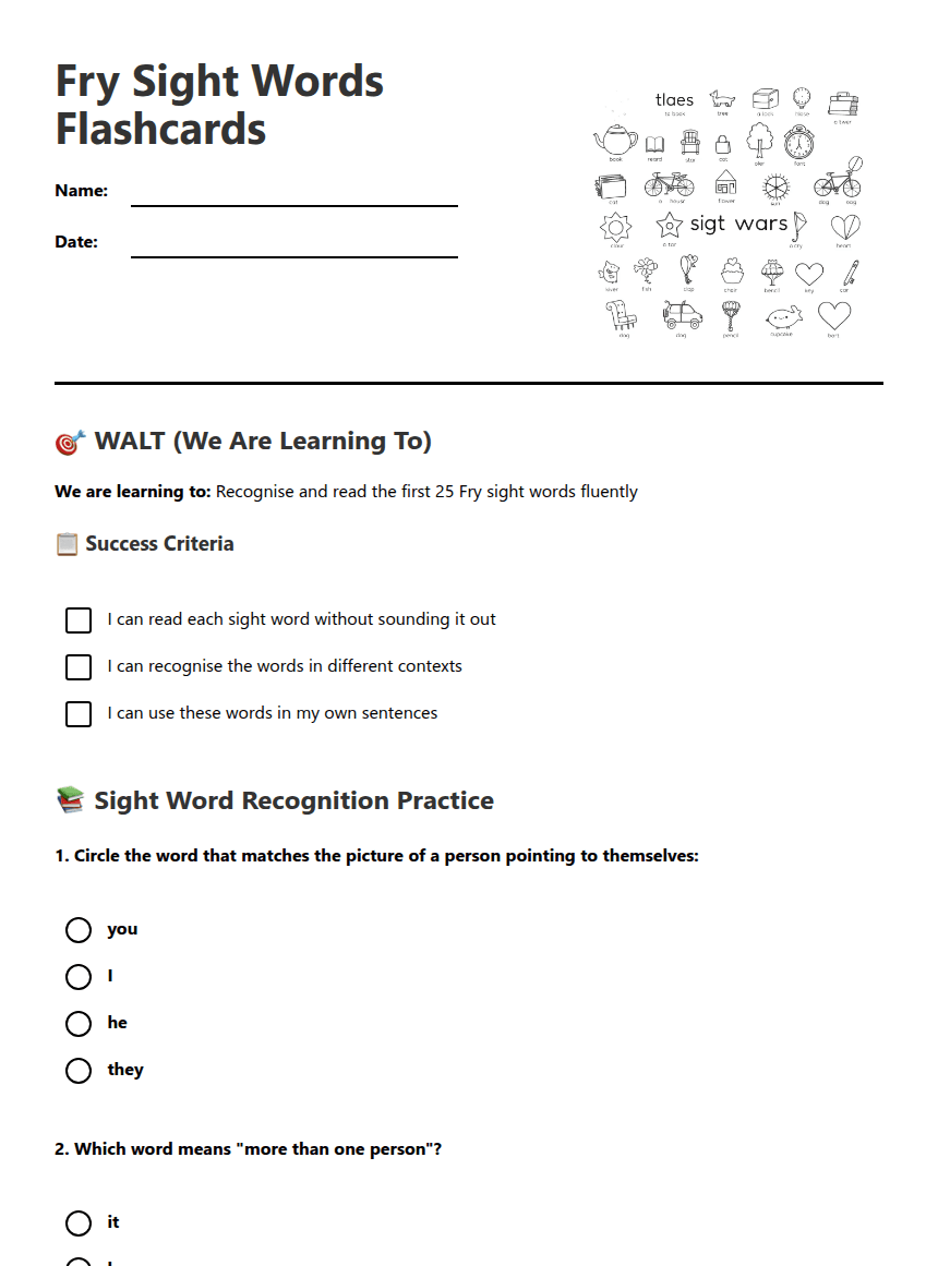 Fry Sight Words Flashcards worksheet preview