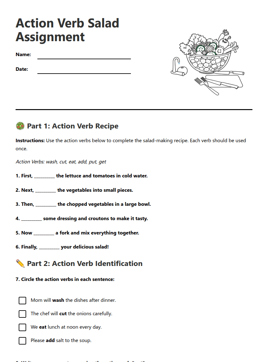 Action Verb Salad Assignment worksheet preview