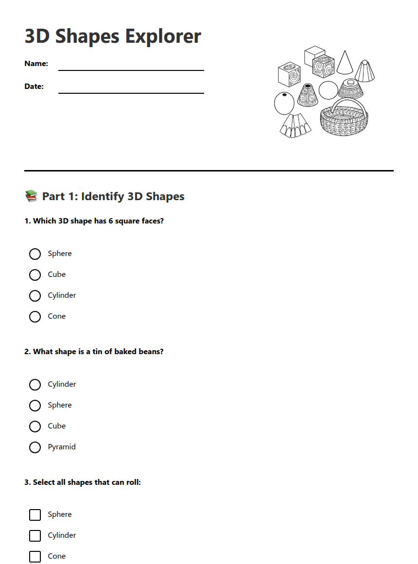 3D Shapes Explorer worksheet preview