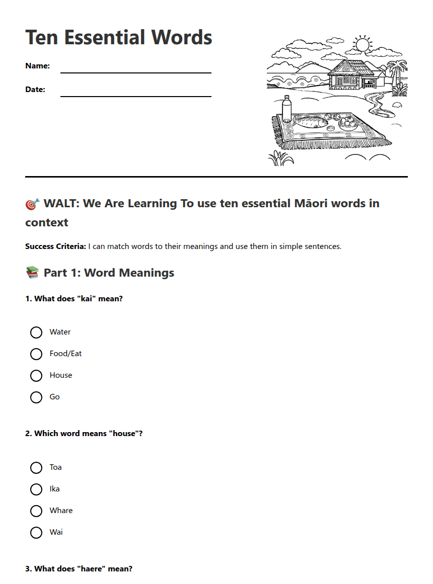 Ten Essential Words worksheet preview