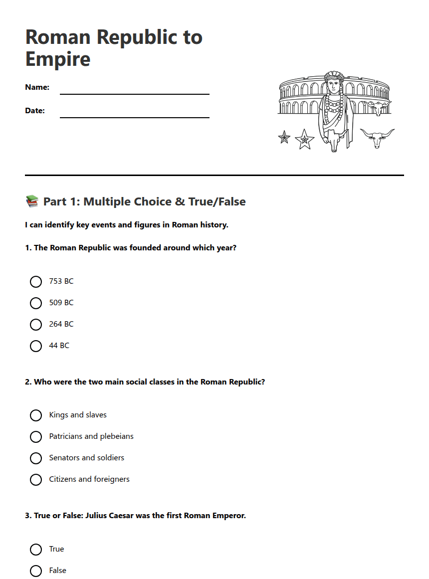 Roman Republic to Empire worksheet preview