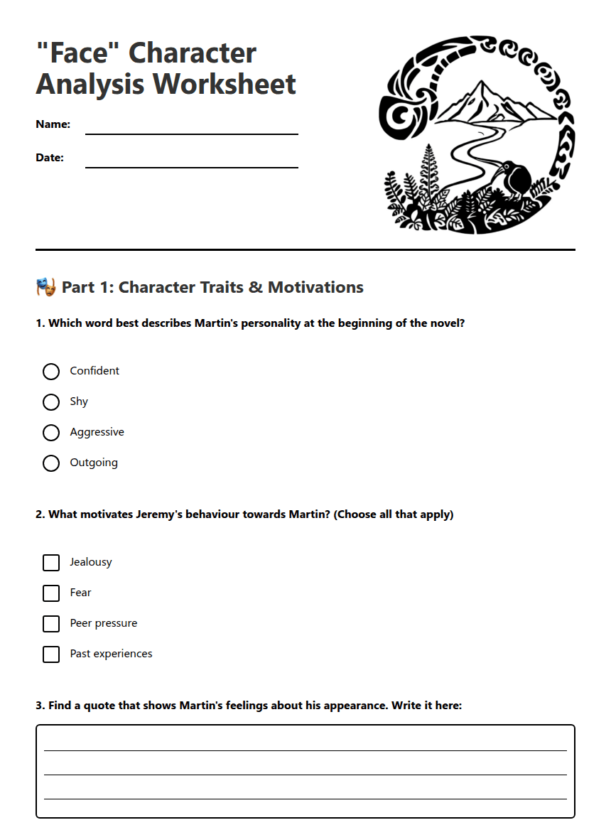 "Face" Character Analysis Worksheet worksheet preview