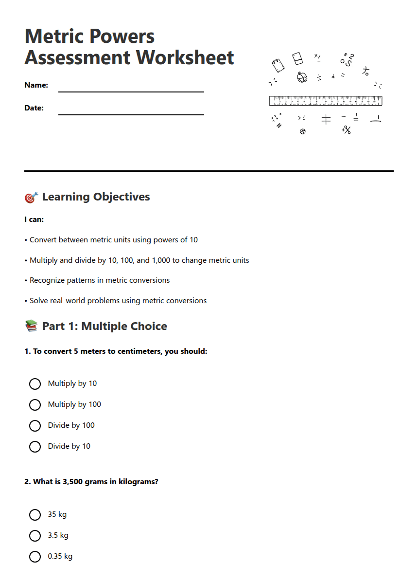 Metric Powers Assessment Worksheet worksheet preview