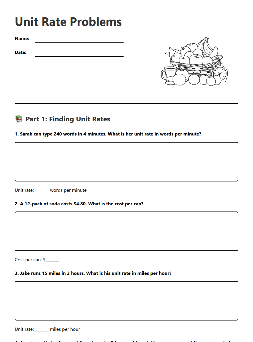 Unit Rate Problems worksheet preview